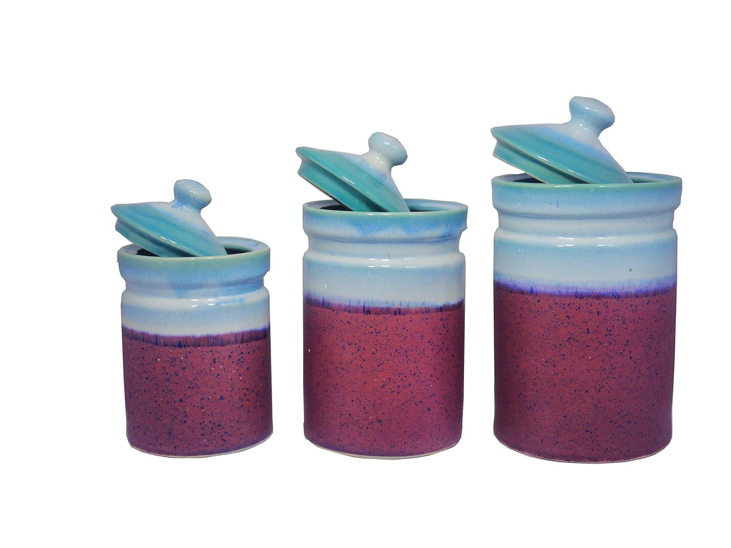 Caffeine Ceramic Stoneware Handmade Multi Colour Maroon And Purple Studio Barni/Pickle Jar (Set of 3) - Caffeine Premium Stoneware