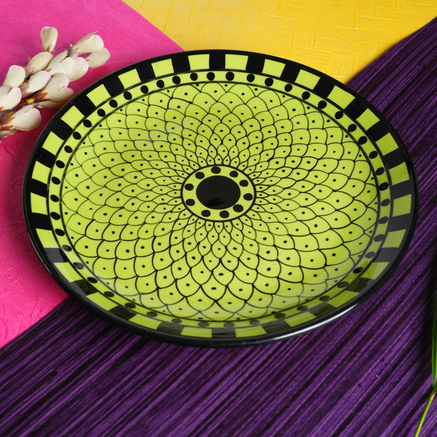 Caffeine Ceramic Handmade Stoneware Green Flora Pattern Quarter plate 7”(Set of 2 Dishwasher & Microwave safe) - Caffeine Premium Stoneware