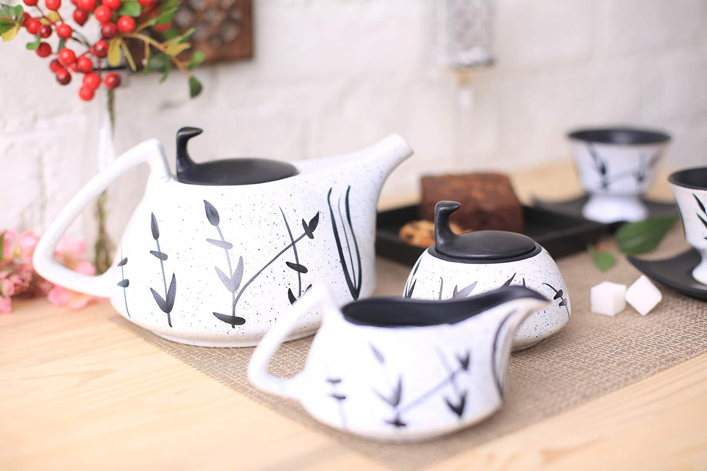 Caffeine Ceramic Handmade Stoneware White & Black Bamboo Tea Set 15pc - Caffeine Premium Stoneware