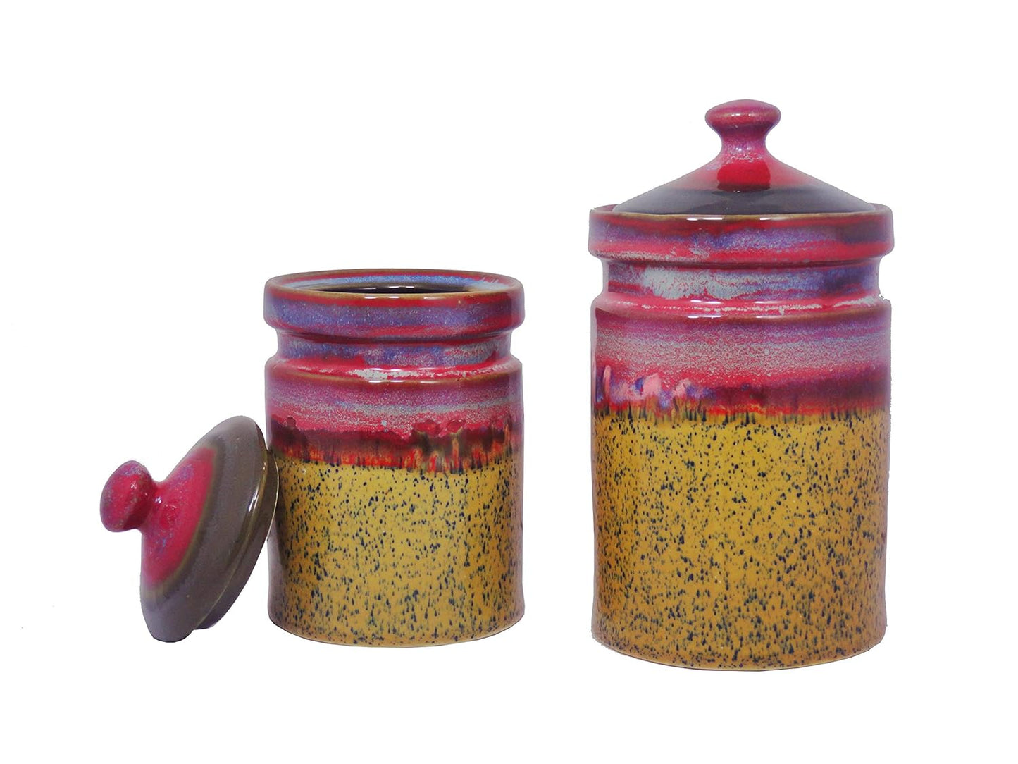 Caffeine Ceramic Stoneware Handmade Pink And Mustard Studio Barni/Pickle Jar (Set of 3) - Caffeine Premium Stoneware