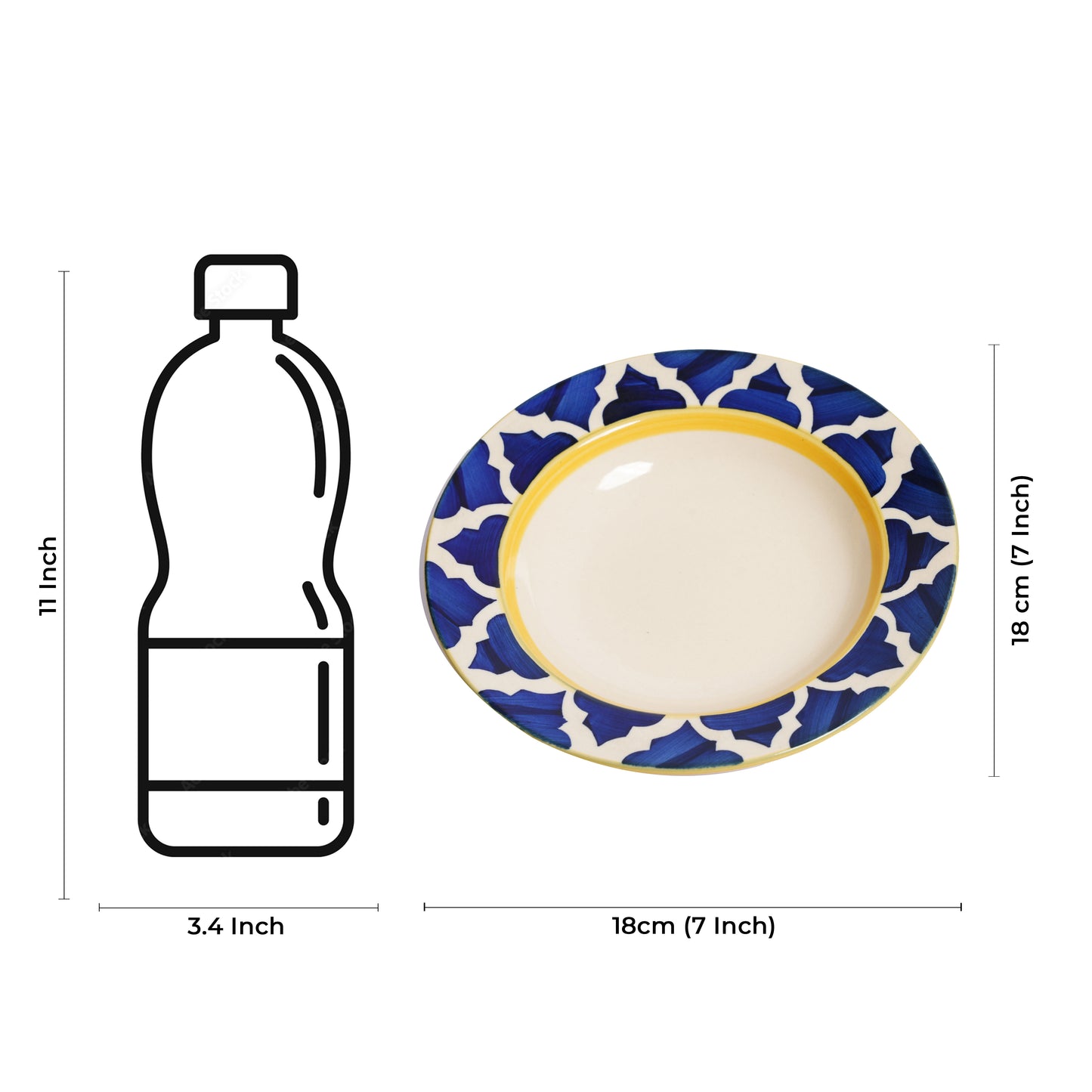 Caffeine Ceramic Handmade Stoneware Blue Umrao 7 inch Soup Plate/Pasta Plate/Maggie Plate/Macaroni Plate(Set of 6 Microwave & Dishwasher Safe) - Caffeine Premium Stoneware
