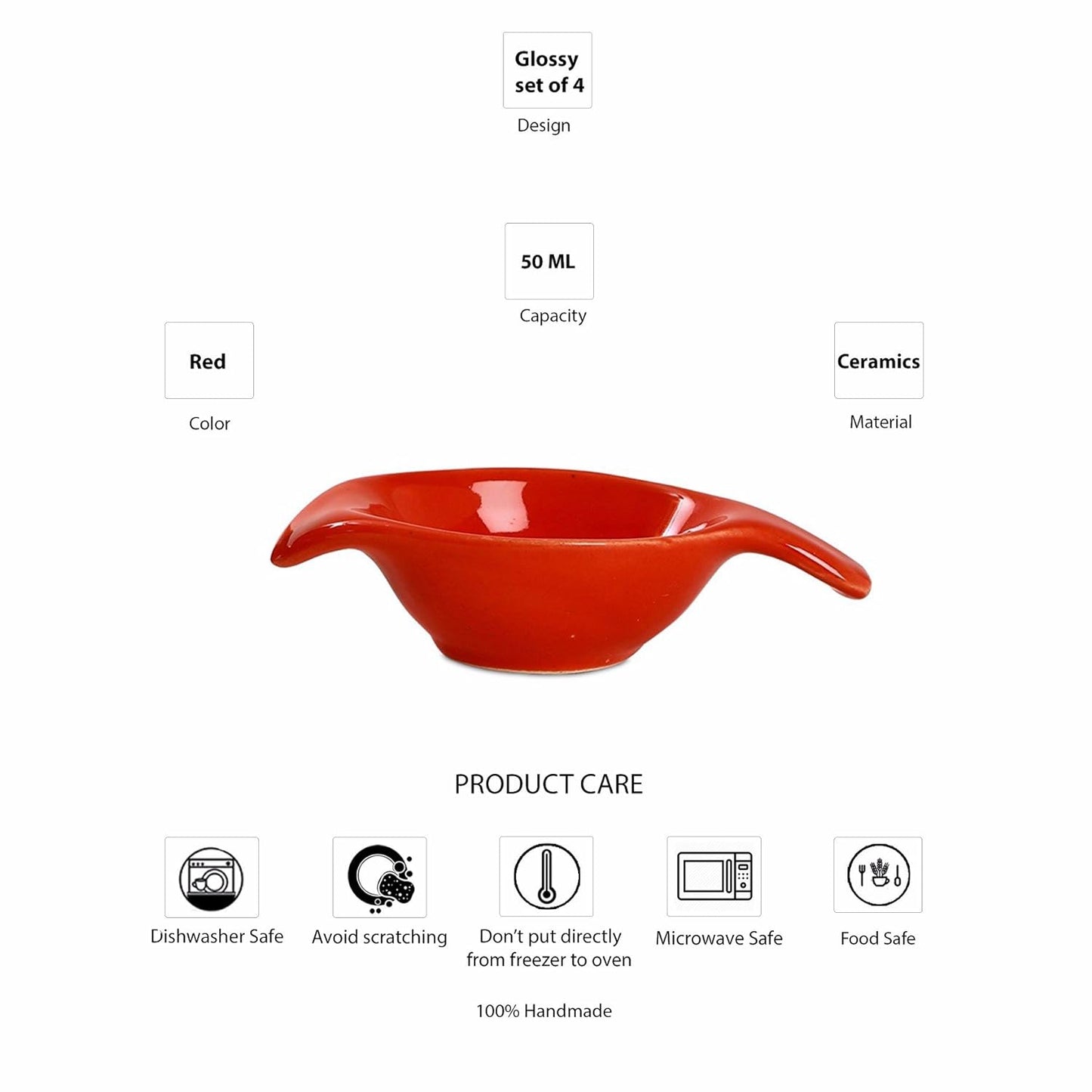 Caffeine Ceramic Handmade Red Glossy Dip and Sauce (Set of 4, 40 ml) - Caffeine Premium Stoneware