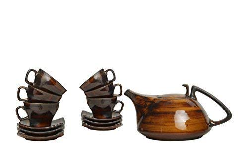 Caffeine Ceramic Handmade Brown Timberland Printed Tea Sets (Set of 15 pcs) - Caffeine Premium Stoneware
