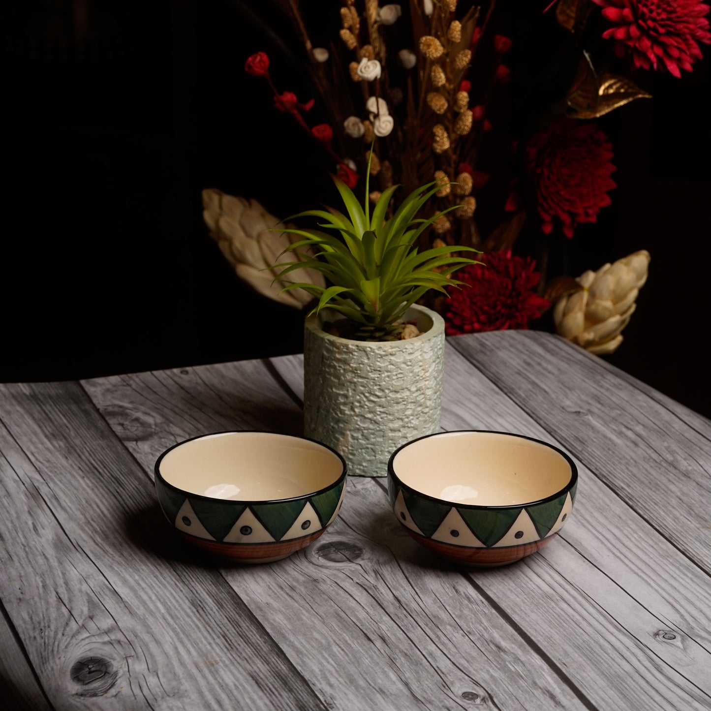 Caffeine Ceramic Handmade Green Tribal Katori Bowl (Set of 2) - Caffeine Premium Stoneware