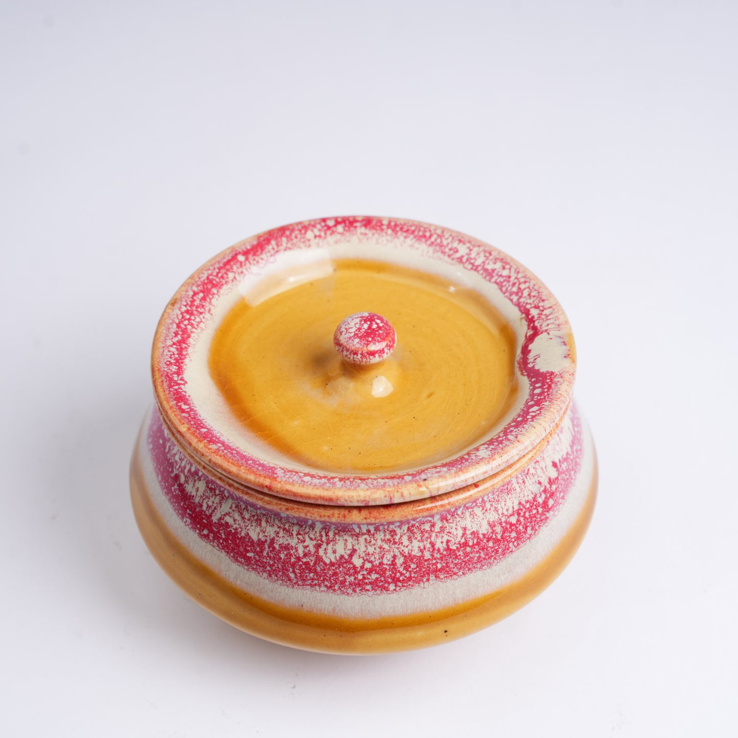Caffeine Ceramic Handmade Pink & Mustard Studio Serving Handi with Lid (Set of 4) - Caffeine Premium Stoneware
