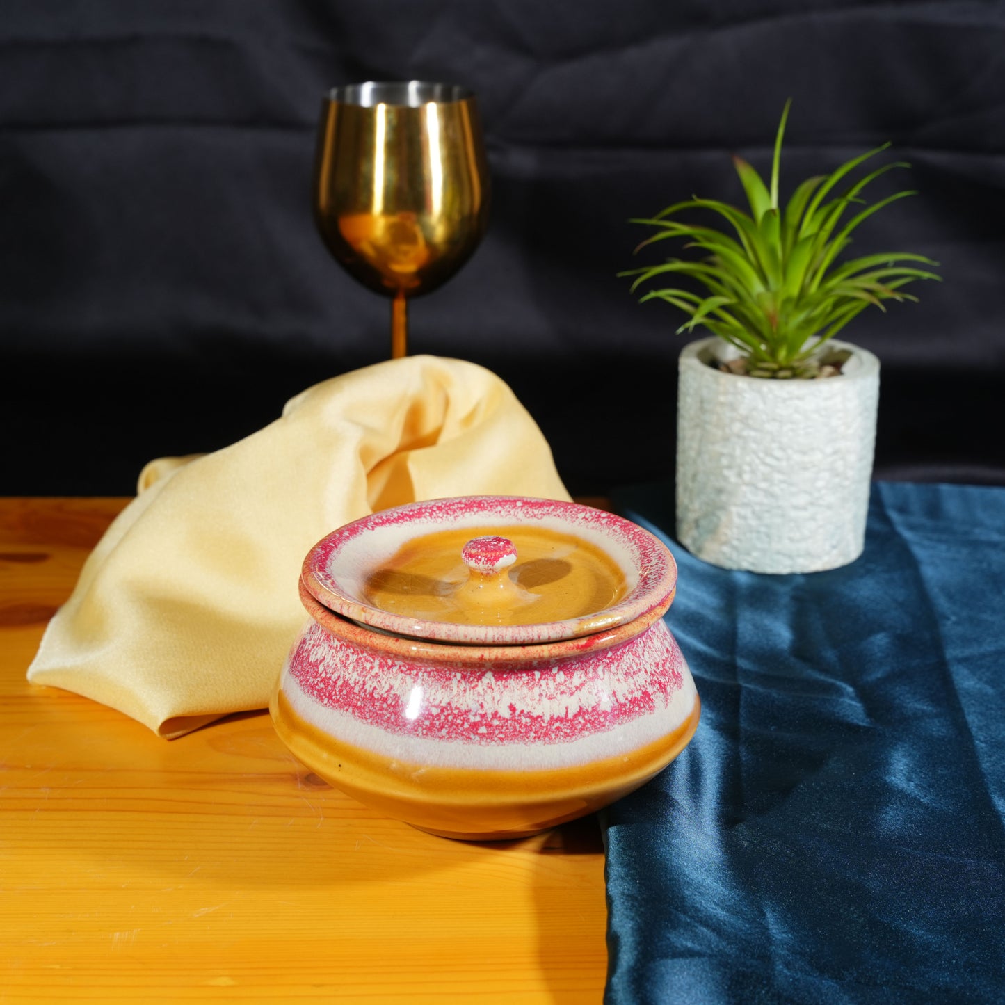 Caffeine Ceramic Handmade Pink & Mustard Studio Serving Handi with Lid (Set of 4) - Caffeine Premium Stoneware