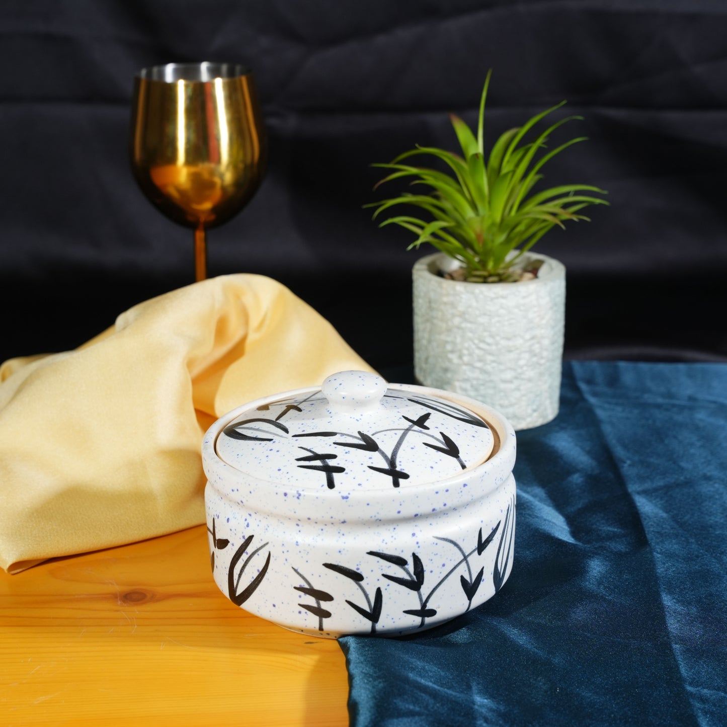 Caffeine Ceramic Handmade white Bamboo Casserole Set of 3 (1 Large, 1 Medium and 1 Small, White and Black) - Caffeine Premium Stoneware