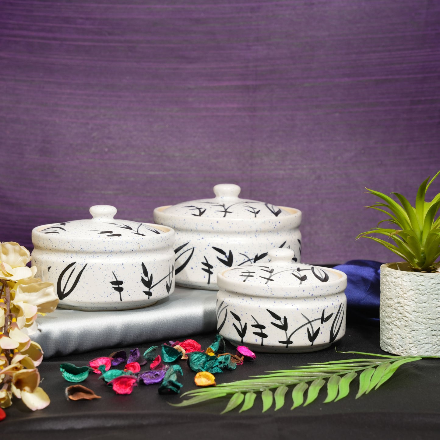 Caffeine Ceramic Handmade white Bamboo Casserole Set of 3 (1 Large, 1 Medium and 1 Small, White and Black) - Caffeine Premium Stoneware