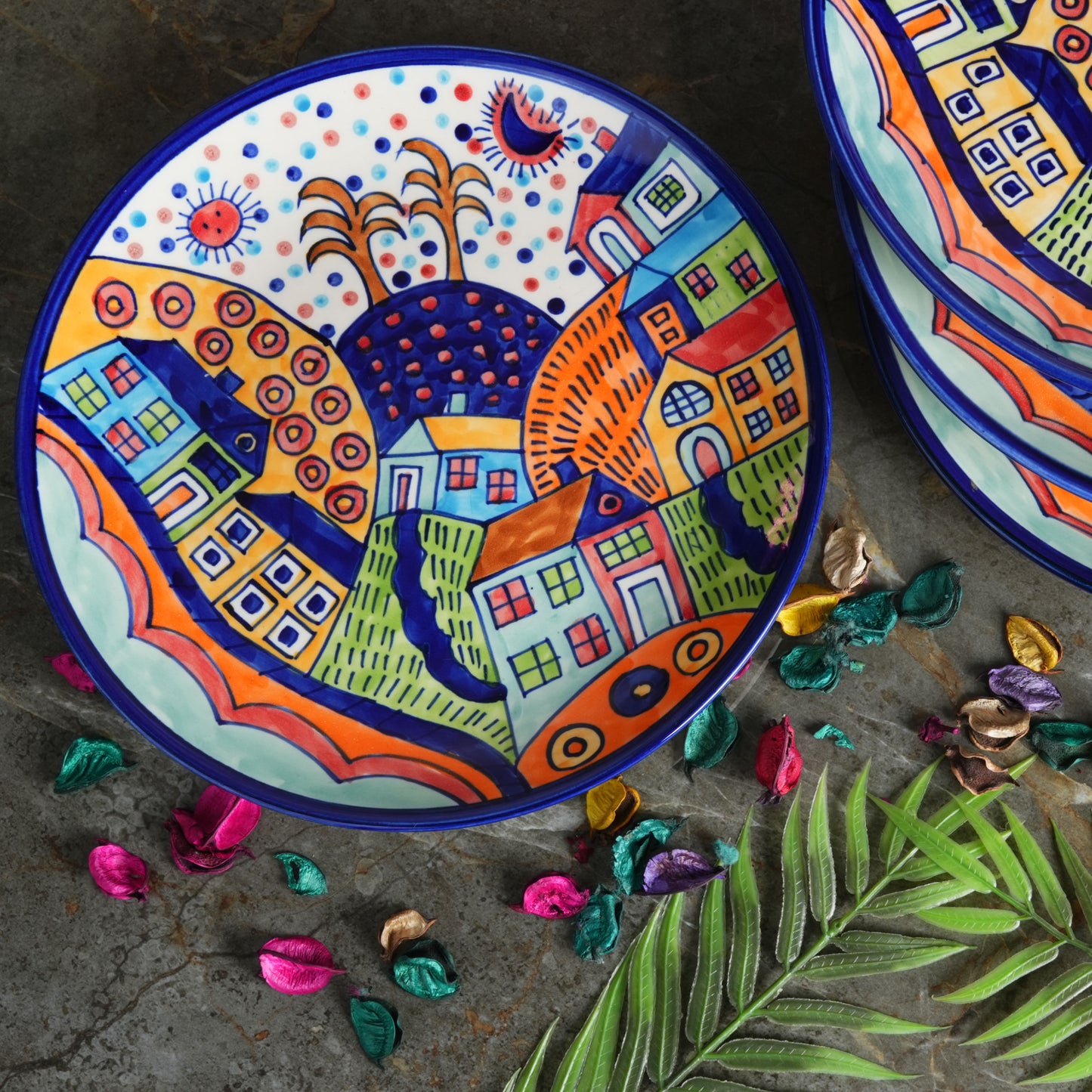 Caffeine Ceramic Handmade Stoneware Family Hut Quarter Plate 7” (Set of 4 Dishwasher & Microwave safe ) - Caffeine Premium Stoneware