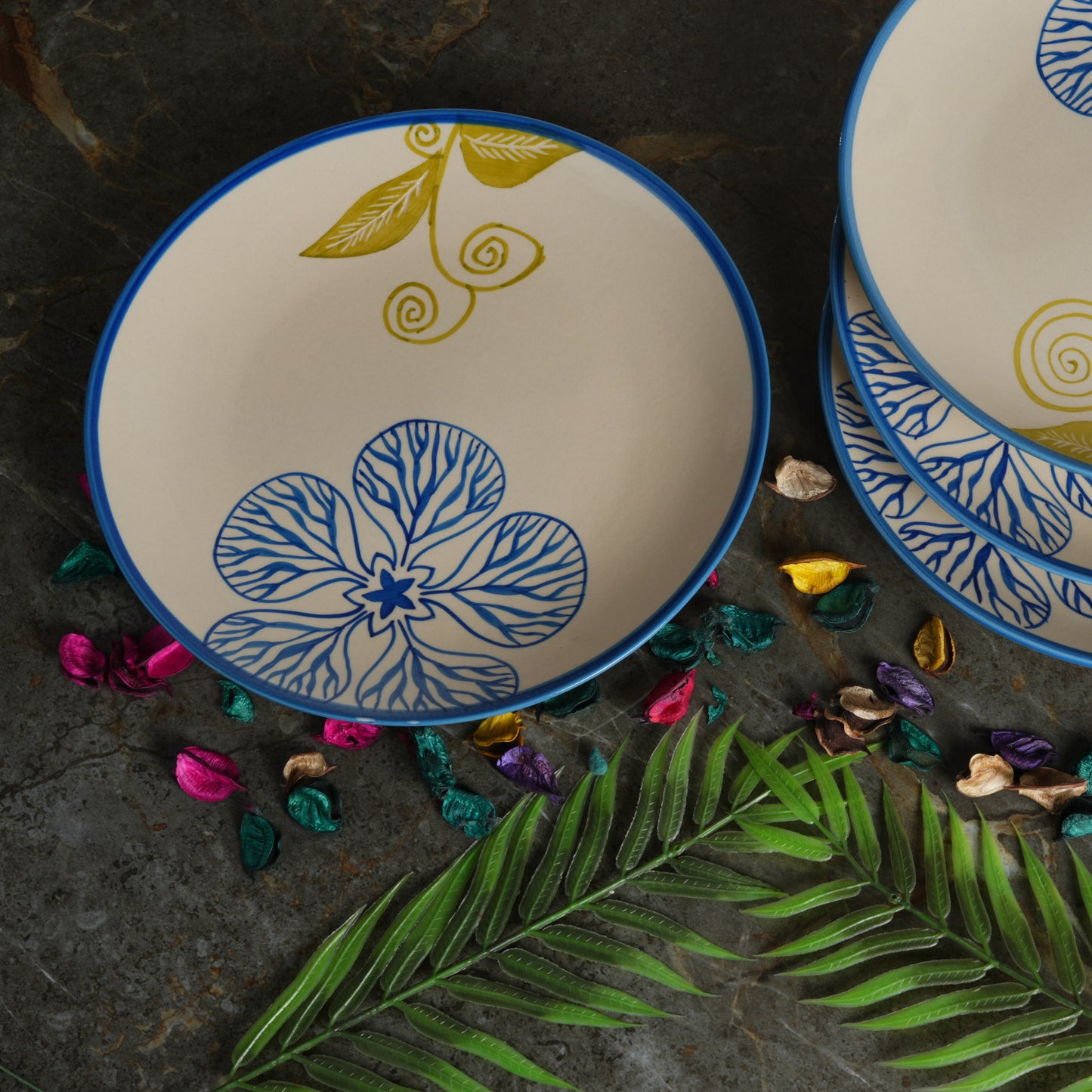 Caffeine Ceramic Handmade White Stoneware Flora Dinner Plate10" Set of 6 (Microwave & Dishwasher Safe) - Caffeine Premium Stoneware
