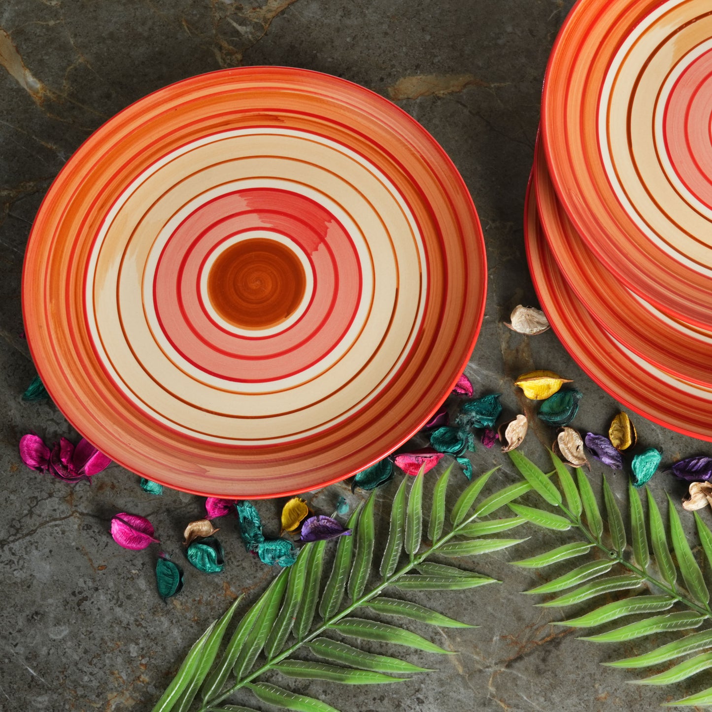 Caffeine Ceramic Handmade Stoneware Orange Beige Dinner Plates10 inch Set of 6 (Microwave & Dishwasher Safe) - Caffeine Premium Stoneware