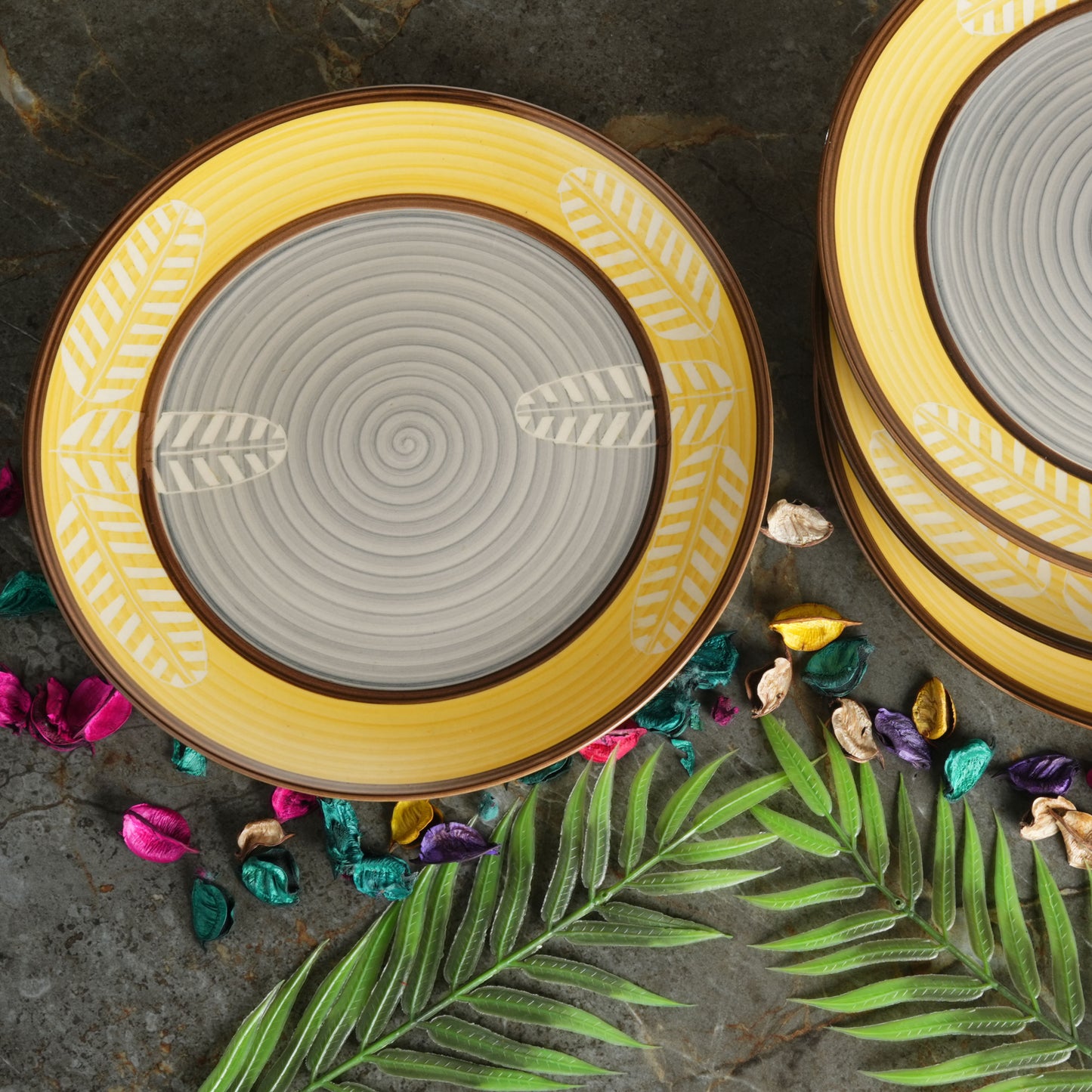 Caffeine Ceramic Handmade Stoneware Orange Flora Pattern Quarter Plates 7 inch (set of 4 Microwave & Dishwasher Safe ) - Caffeine Premium Stoneware