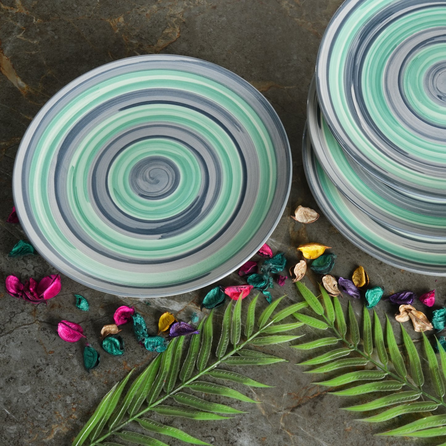 Caffeine Ceramic Handmade Stoneware Grey Teal Illusion Dinner Plate10'' Set of 6 (Microwave & Dishwasher Safe) - Caffeine Premium Stoneware