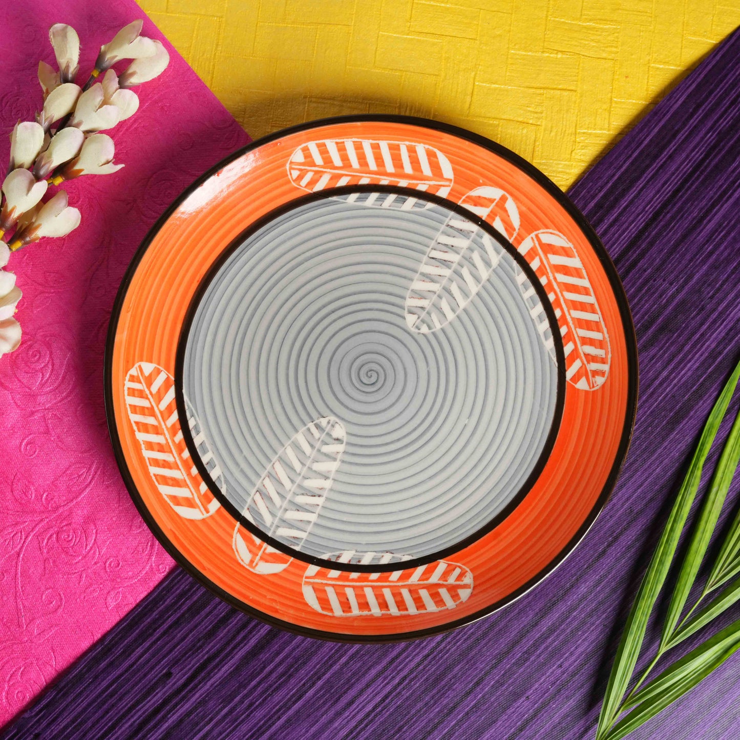 Caffeine Ceramic Handmade Stoneware Orange and Gray Royal Leaf Print Quarter Plate 7” (Set of 2 Dishwasher & Microwave safe ) - Caffeine Premium Stoneware