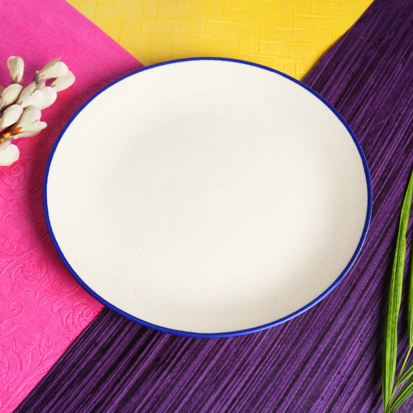 Caffeine Ceramic Handmade Stoneware White Matte blue patti quarter plate 7”(Set of 2) - Caffeine Premium Stoneware