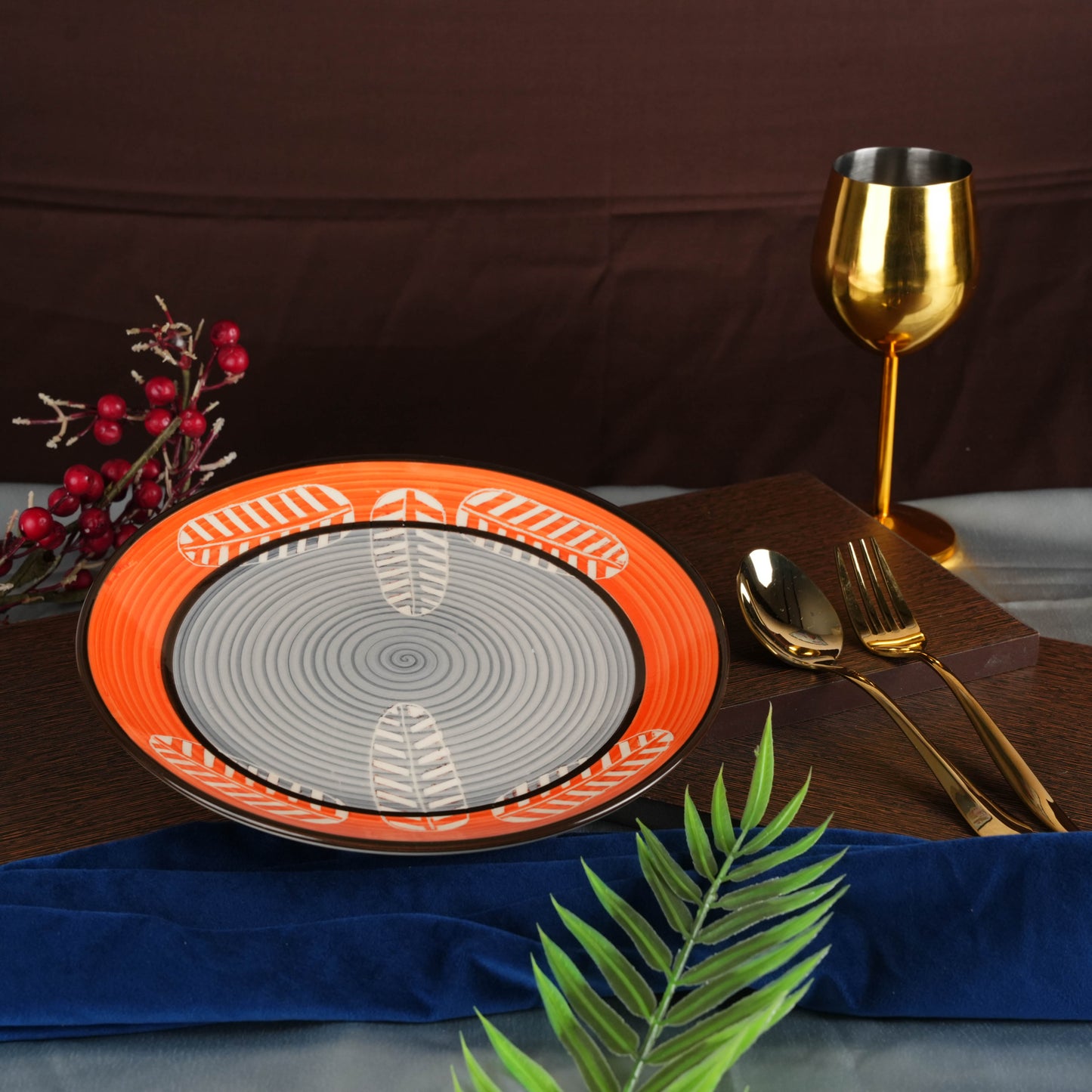 Caffeine Ceramic Handmade Stoneware Orange and Gray Royal Leaf Print Quarter Plate 7” (Set of 2 Dishwasher & Microwave safe ) - Caffeine Premium Stoneware