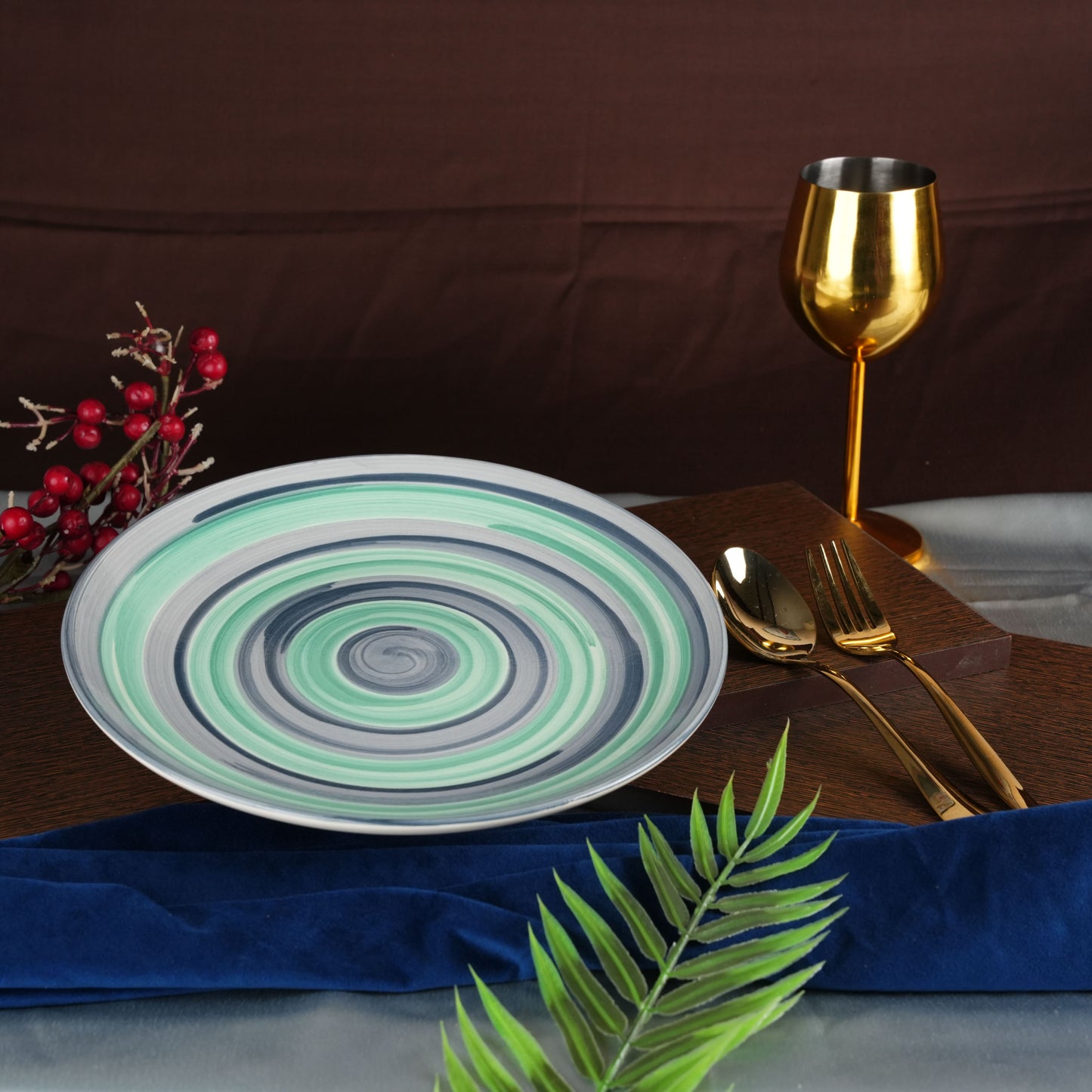 Caffeine Ceramic Handmade Stoneware Grey Teal Illusion Dinner Plate10'' Set of 6 (Microwave & Dishwasher Safe) - Caffeine Premium Stoneware