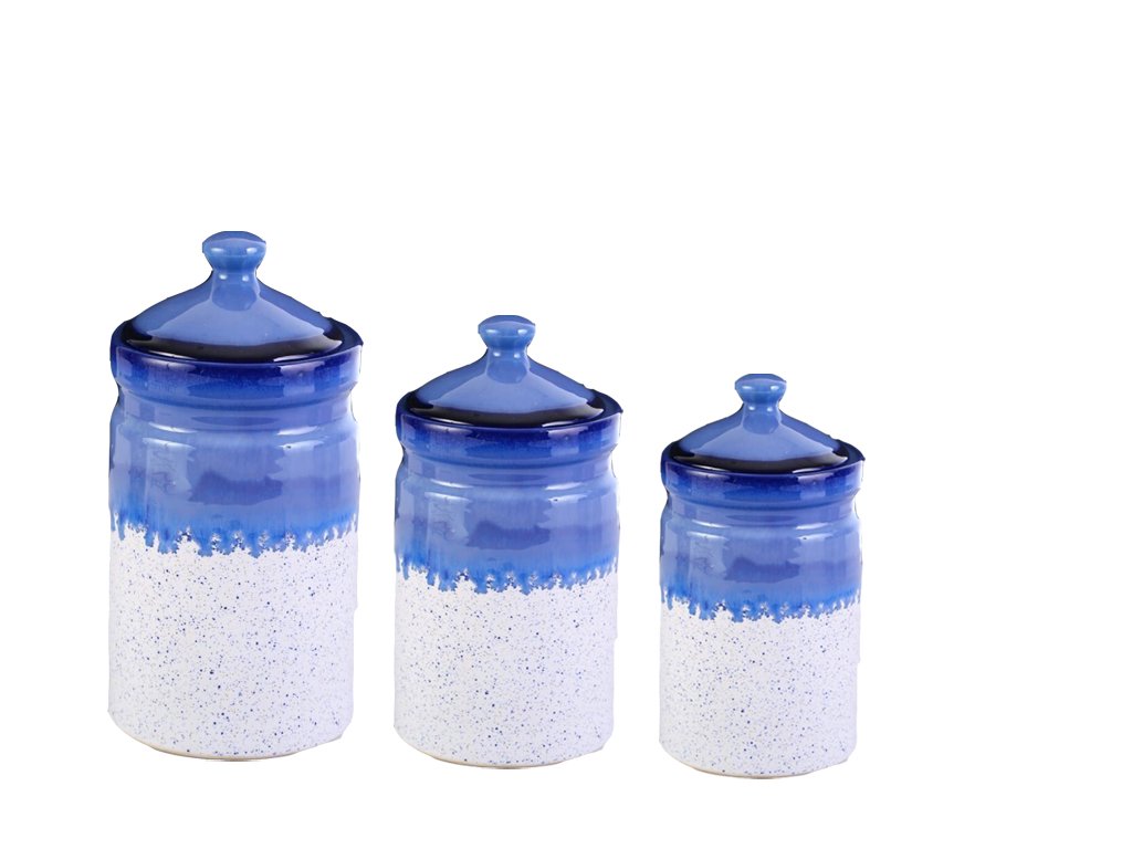 Caffeine Ceramic Stoneware Handmade White And Blue Barni/Pickle Jar (Set of 3) - Caffeine Premium Stoneware
