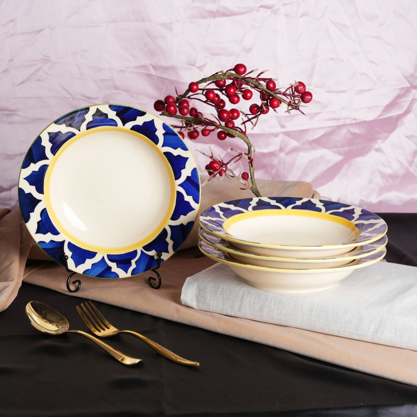 Caffeine Ceramic Handmade Stoneware Yellow Tulip Soup Plate/Pasta Plate/Maggie Plate/Macaroni Plate 9 inch (Set of 6 Dishwasher & Microwave Safe) - Caffeine Premium Stoneware