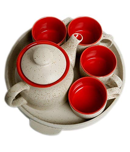 Caffeine Ceramic White and Red Tea Tray Set of 6 - Caffeine Premium Stoneware