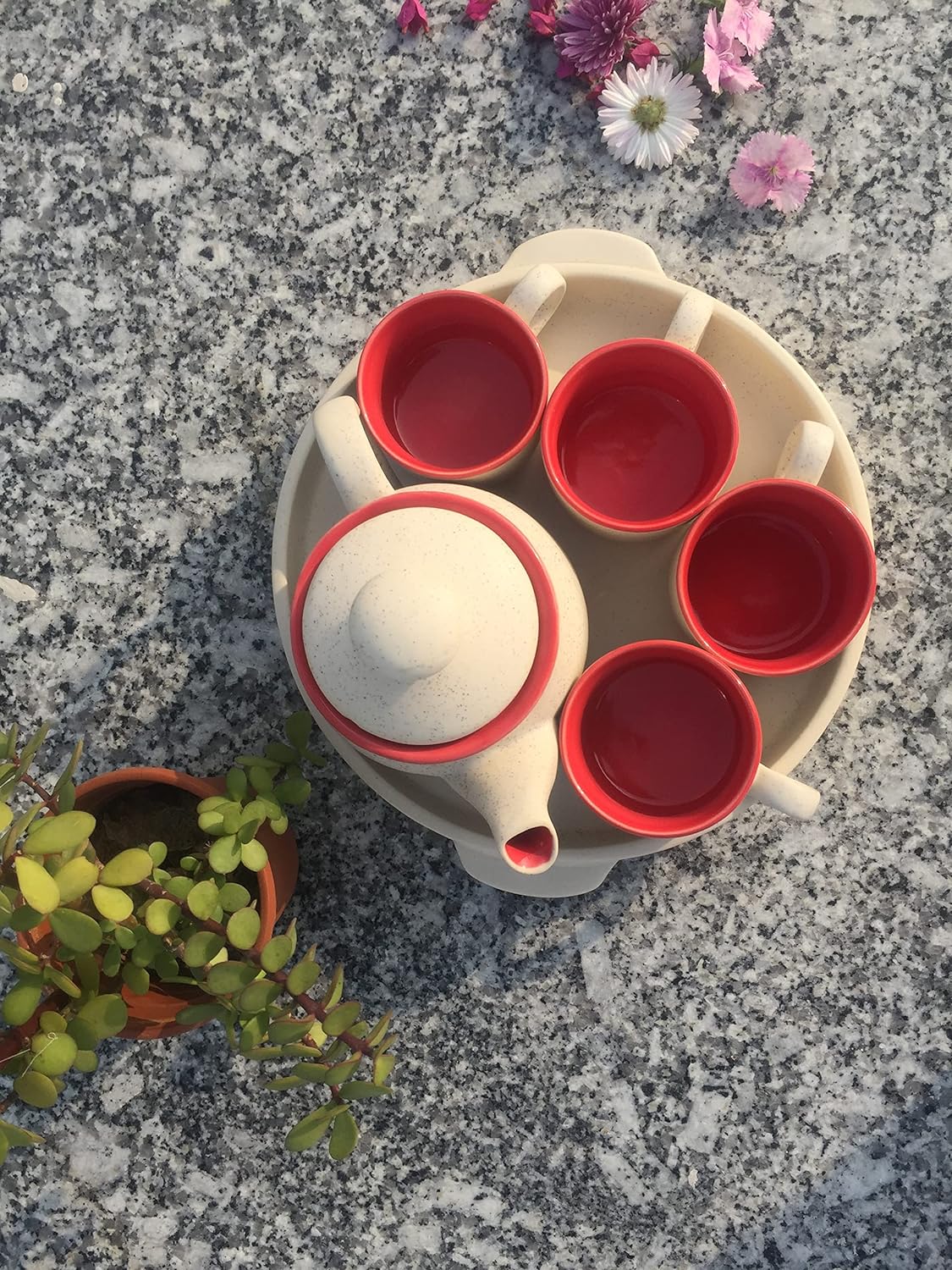Caffeine Ceramic White and Red Tea Tray Set of 6 - Caffeine Premium Stoneware
