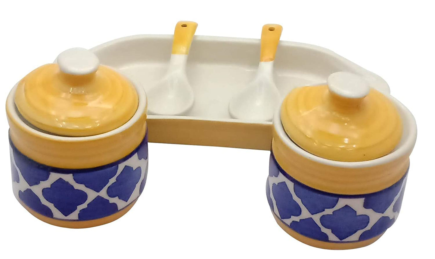 Caffeine Ceramic Handmade Blue & Yellow Umrao Pickle Jar Set (2 Jars, 2 Spoons &1 Tray) 200 ml each jar - Caffeine Premium Stoneware