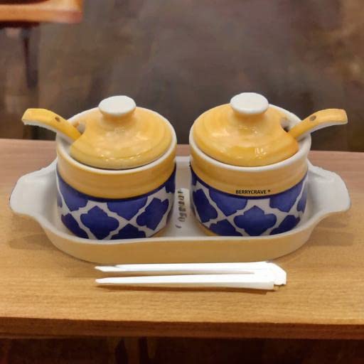 Caffeine Ceramic Handmade Blue & Yellow Umrao Pickle Jar Set (2 Jars, 2 Spoons &1 Tray) 200 ml each jar - Caffeine Premium Stoneware