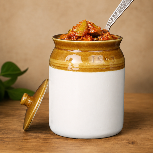 Caffeine Ceramic Stoneware Handmade Mustard And White Barni/Pickle Jar