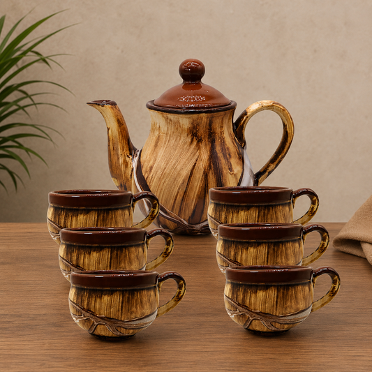Caffeine Ceramic Handmade Glossy Wood Brown Ceramic Tea Set with Kettle: Add Timeless Elegance to Every Tea Moment