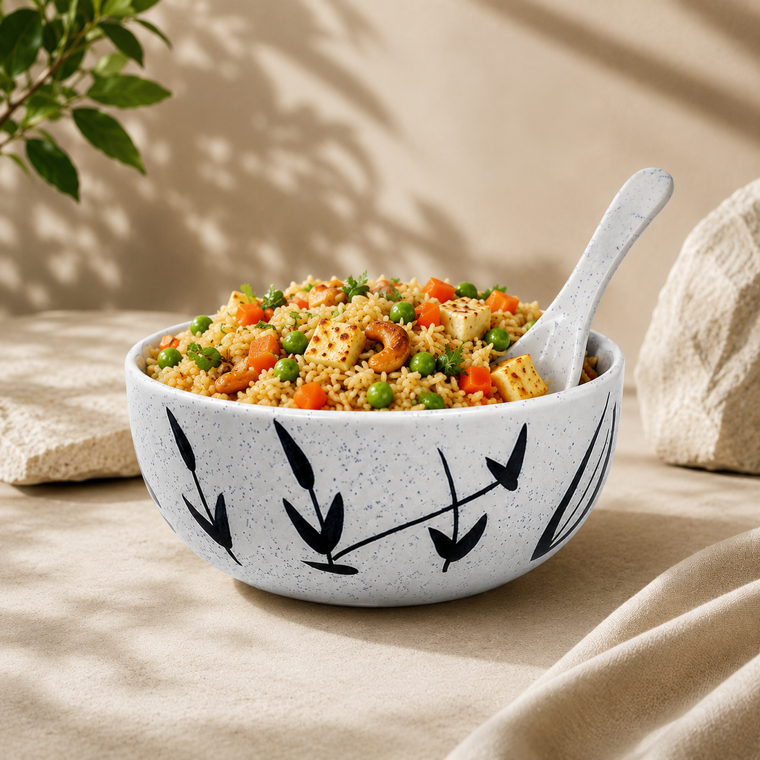 Caffeine Premium Ceramic Handmade White Bamboo Soup Bowl ceramic with Spoon
