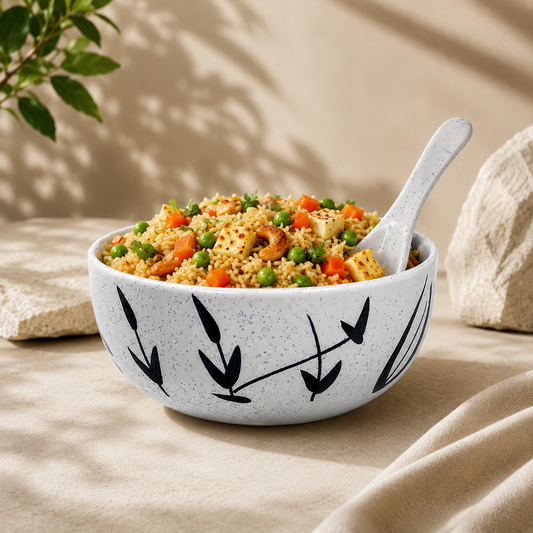 Caffeine Premium Ceramic Handmade White Bamboo Soup Bowl ceramic with Spoon