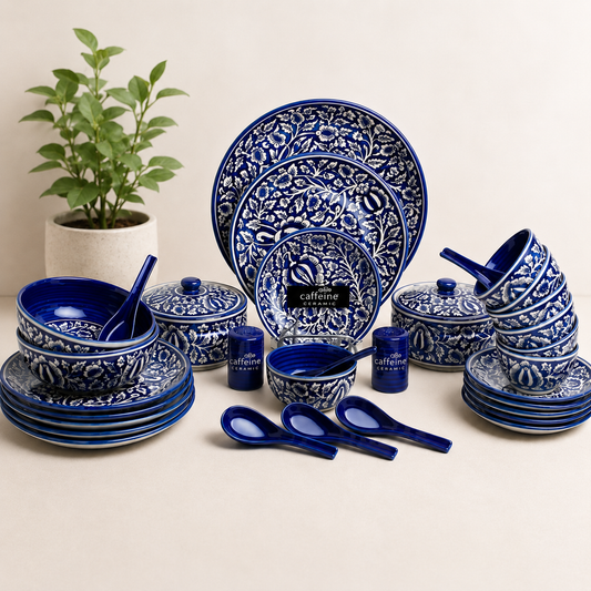 Caffeine Ceramic Handmade Blue Mughal Dinner Set: (Microwave & Dishwasher Safe) A Perfect Blend of Traditional Art and Modern Convenience