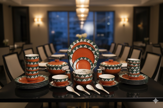 “Festive Collection 2025 ceramic cups, plates and teasets displayed beautifully for premium home dining.”