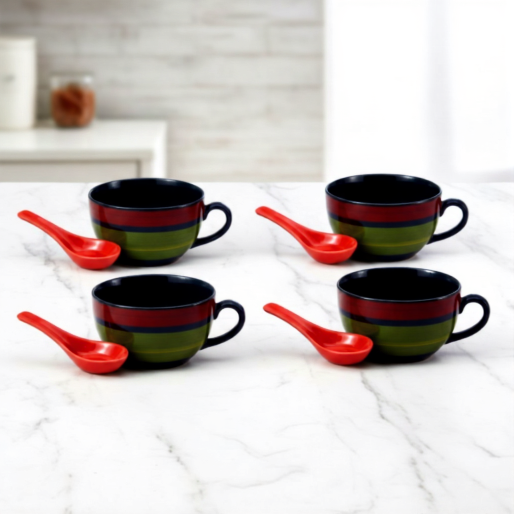 Caffeine Ceramic Handmade Green Chandrakari Single Handled Soup Bowl with Spoon set of 4