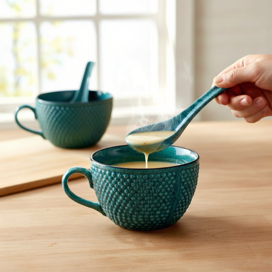 Caffeine Ceramic Handmade Green Bubble Single Handled Soup Bowl with Spoon (Set of 2)