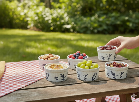 Caffeine Ceramic Handmade White Bamboo Ramekins Bowl (Set of 6)