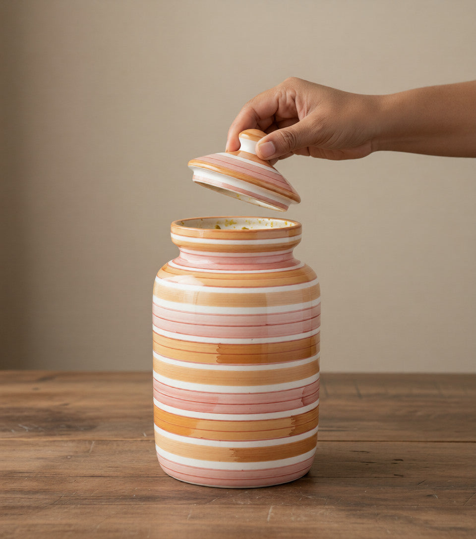 Caffeine Ceramic Stoneware Handmade Orange Illusion Barni/Pickle Jar (Set of 1 Dishwasher & Microwave Safe)