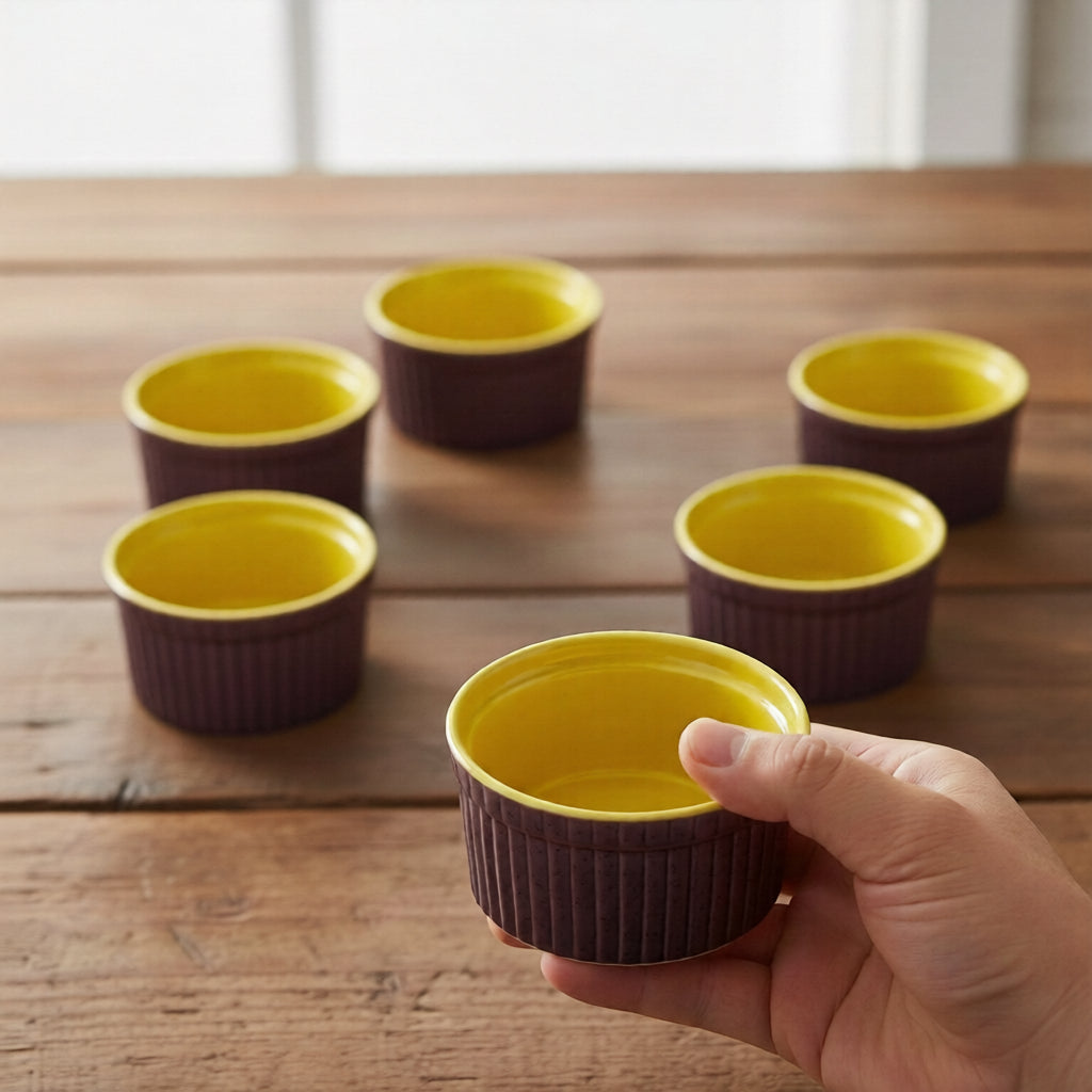 Caffeine Ceramic Handmade Purple and Yellow Ramekins Bowl- (Set of 6)