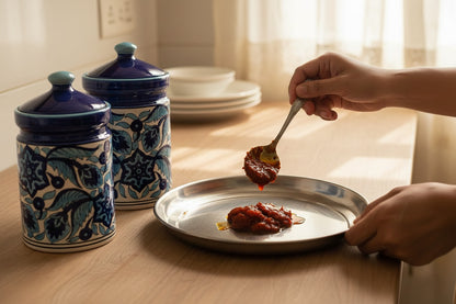 Caffeine Ceramic Stoneware Handmade Blue Leaf Print Barni/Pickle Jars (Set of 3)
