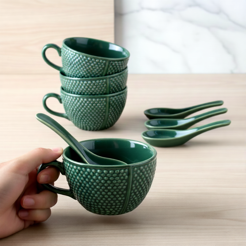 Caffeine Ceramic Handmade Ocean Green Bubble Single Handled Soup Bowl with Spoon Set 4