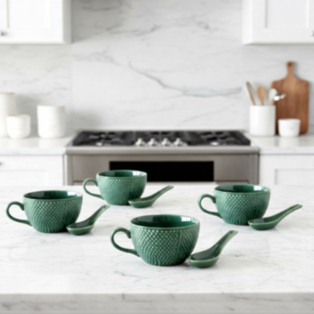 Caffeine Ceramic Handmade Ocean Green Bubble Single Handled Soup Bowl with Spoon Set 4