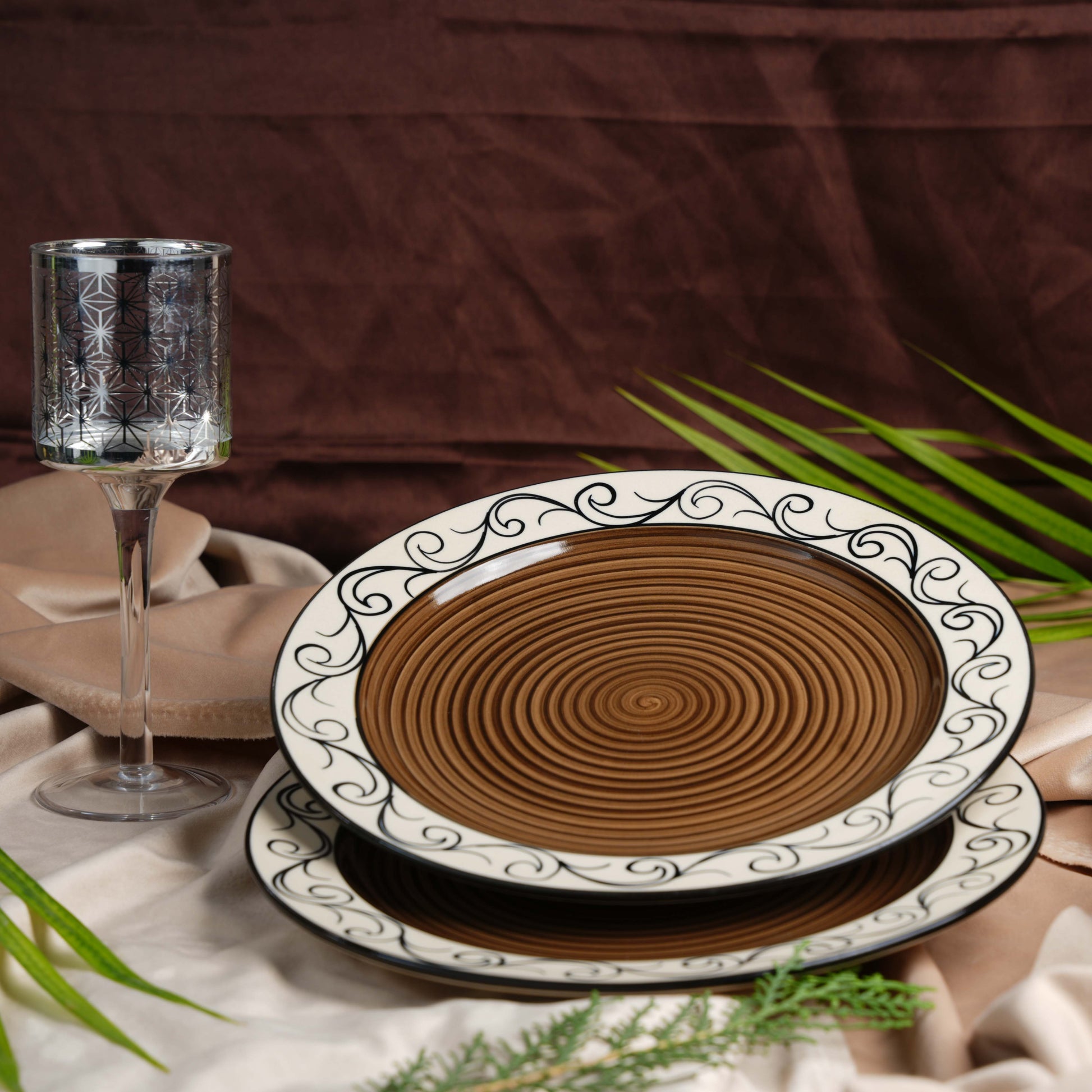 Caffeine Ceramic Handmade Brown Doodle Dinner Plate 10" inch(Set of 6) - Caffeine Premium Stoneware