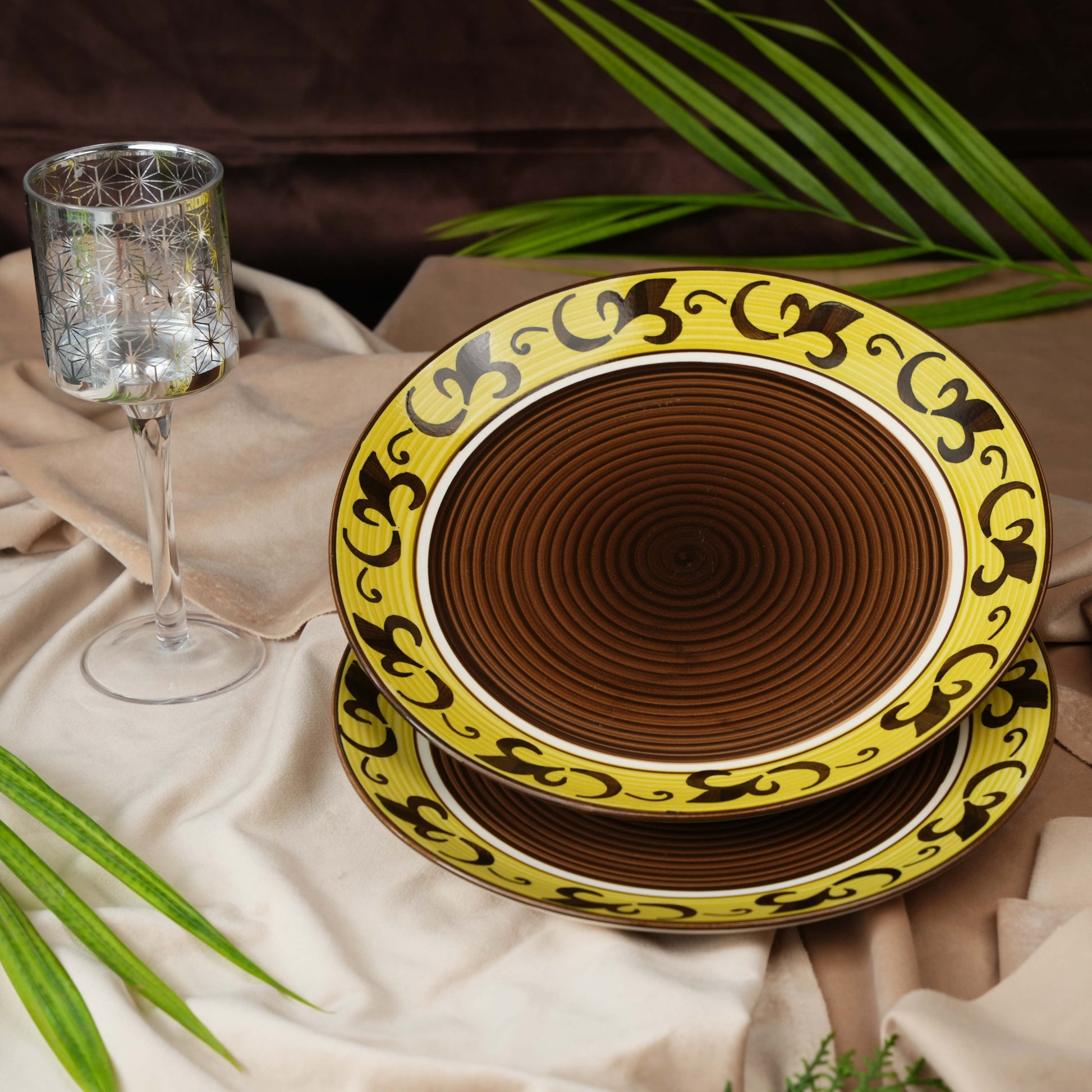 Caffeine Ceramic Handmade Stoneware Brown & Yellow Leaf Quarter Plate 7” (Set of 2 Dishwasher & Microwave safe) - Caffeine Premium Stoneware