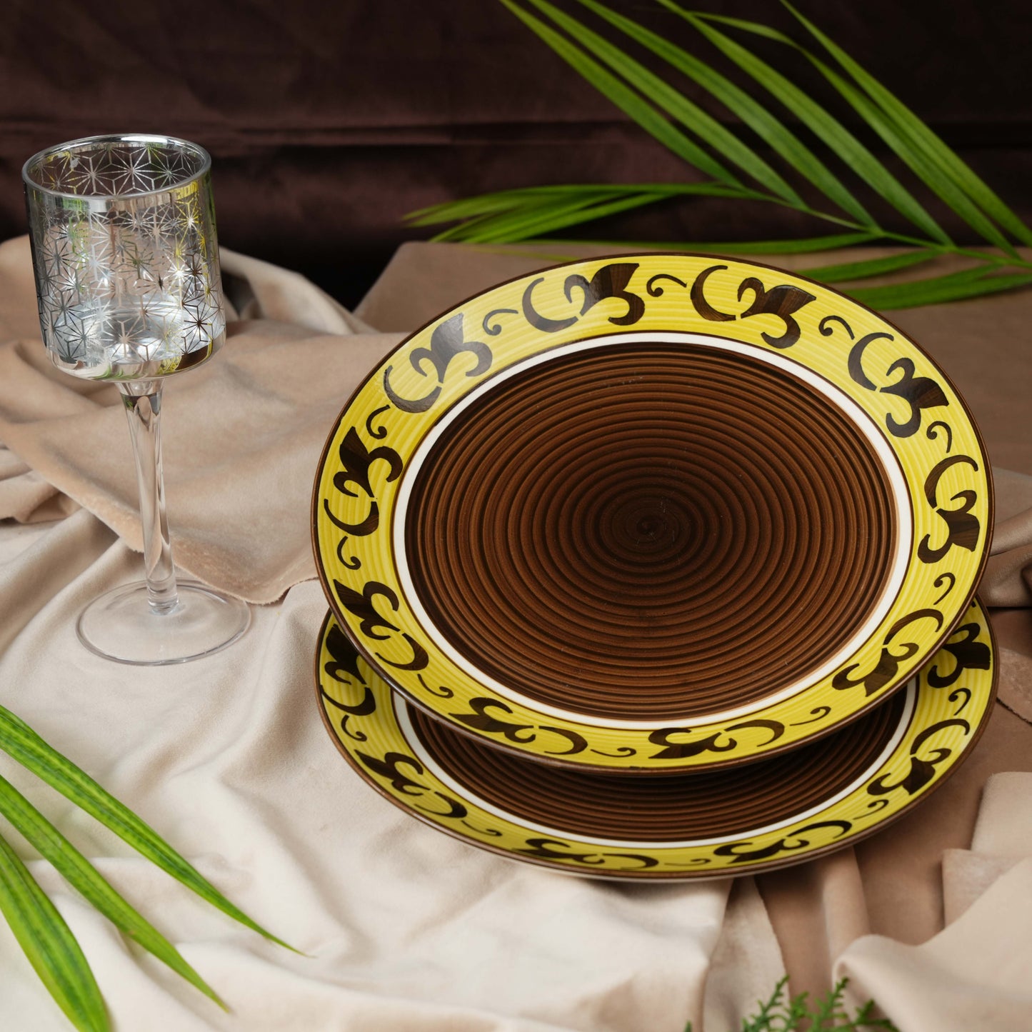 Caffeine Ceramic Handmade Brown & Yellow Leaf Dinner Plates 10 inch set of 2 - Caffeine Premium Stoneware