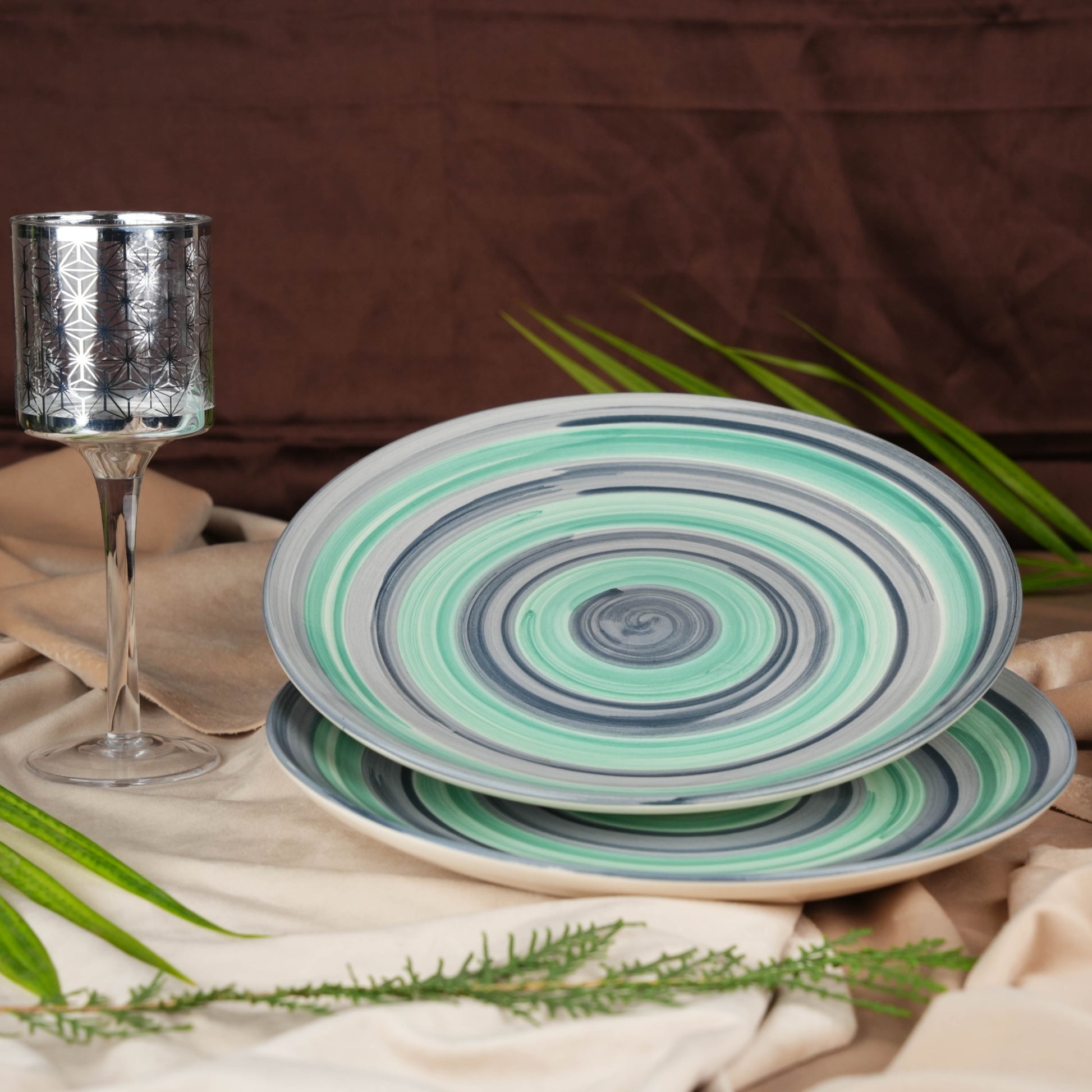 Caffeine Ceramic Handmade Stoneware Grey Teal Illusion Dinner Plate10'' Set of 6  (Microwave & Dishwasher Safe) - Caffeine Premium Stoneware