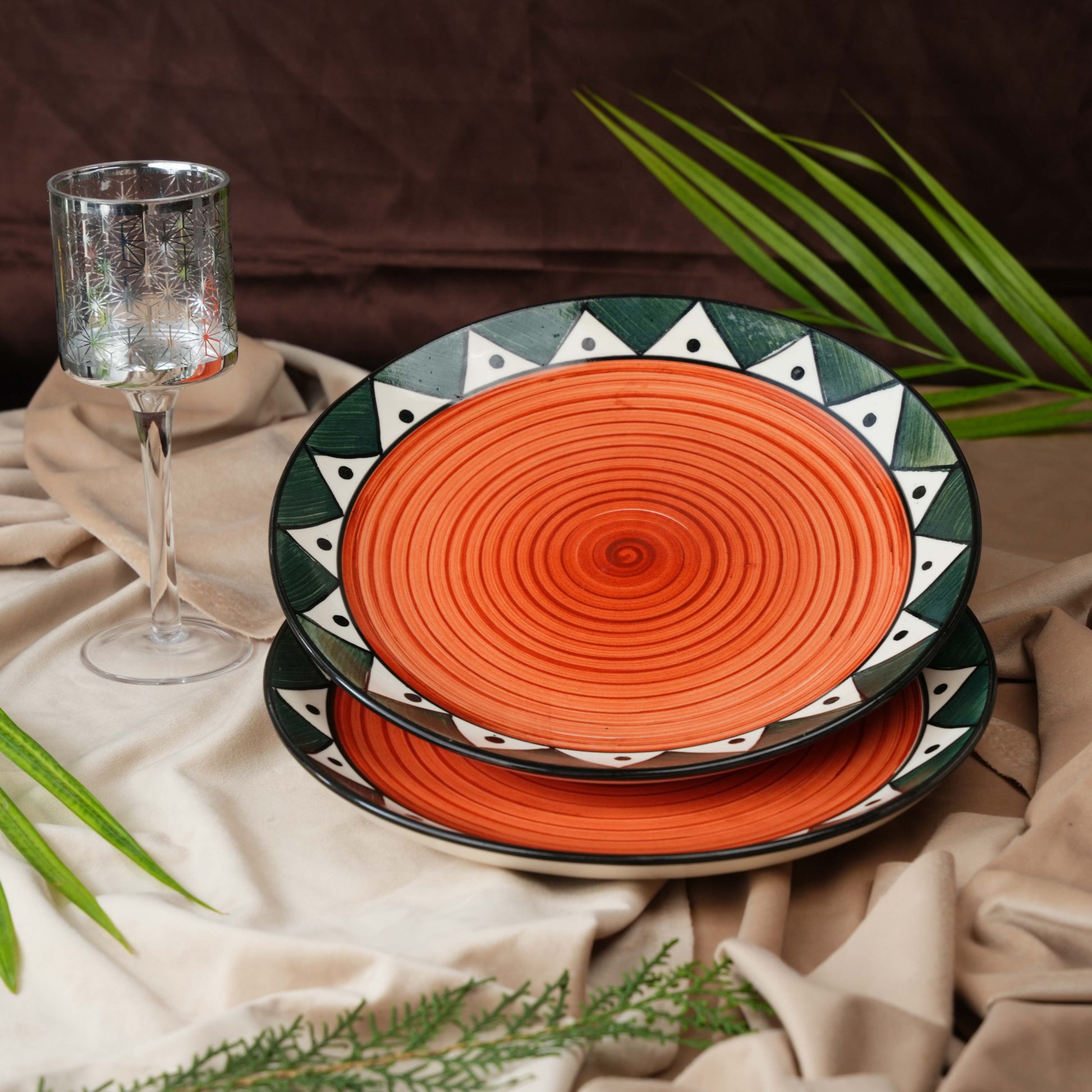 Caffeine Ceramic Handmade Stoneware Green Trible Dinner Plate 10 inch Set of 2 - Caffeine Premium Stoneware