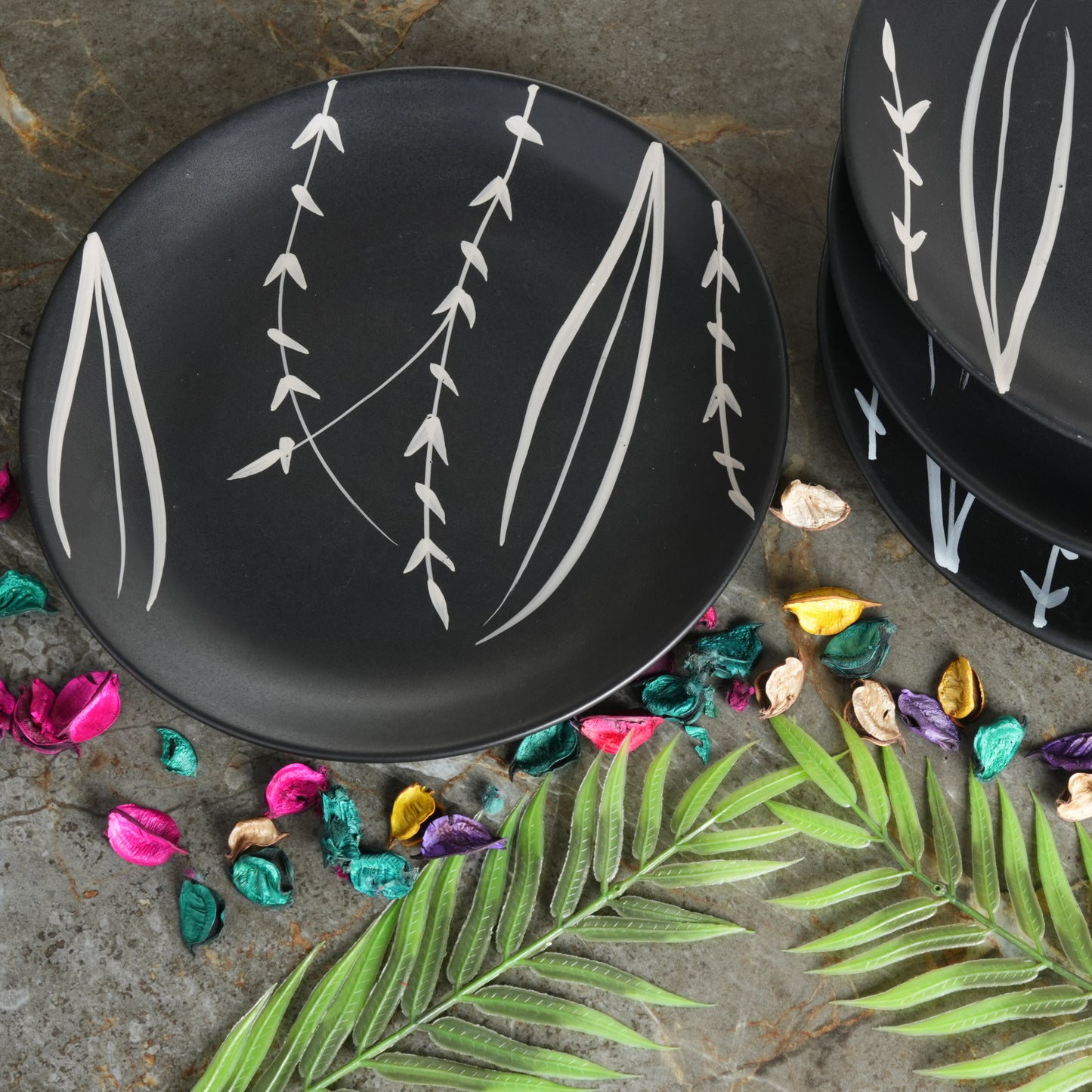 Caffeine Ceramic Handmade Stoneware Black Bamboo Dinner Plates 10 inch Set of 6 (Microwave & Dishwasher Safe) - Caffeine Premium Stoneware