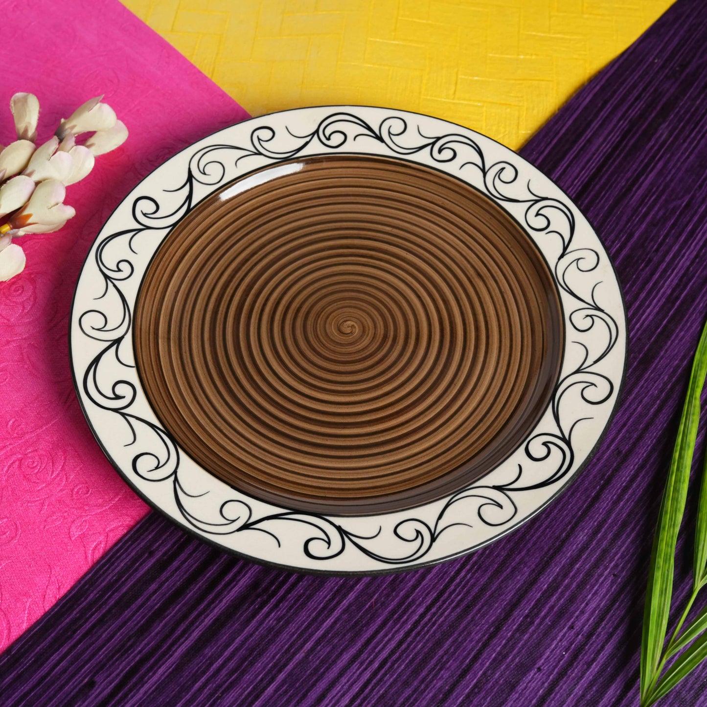 Caffeine Ceramic Handmade Brown Doodle Dinner Plate 10" inch(Set of 2) - Caffeine Premium Stoneware