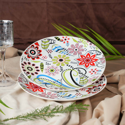 Caffeine Ceramic Handmade Stoneware Multicolor Flower Design Dinner Plates Set of 6 (Dishwasher & Microwave Safe) - Caffeine Premium Stoneware