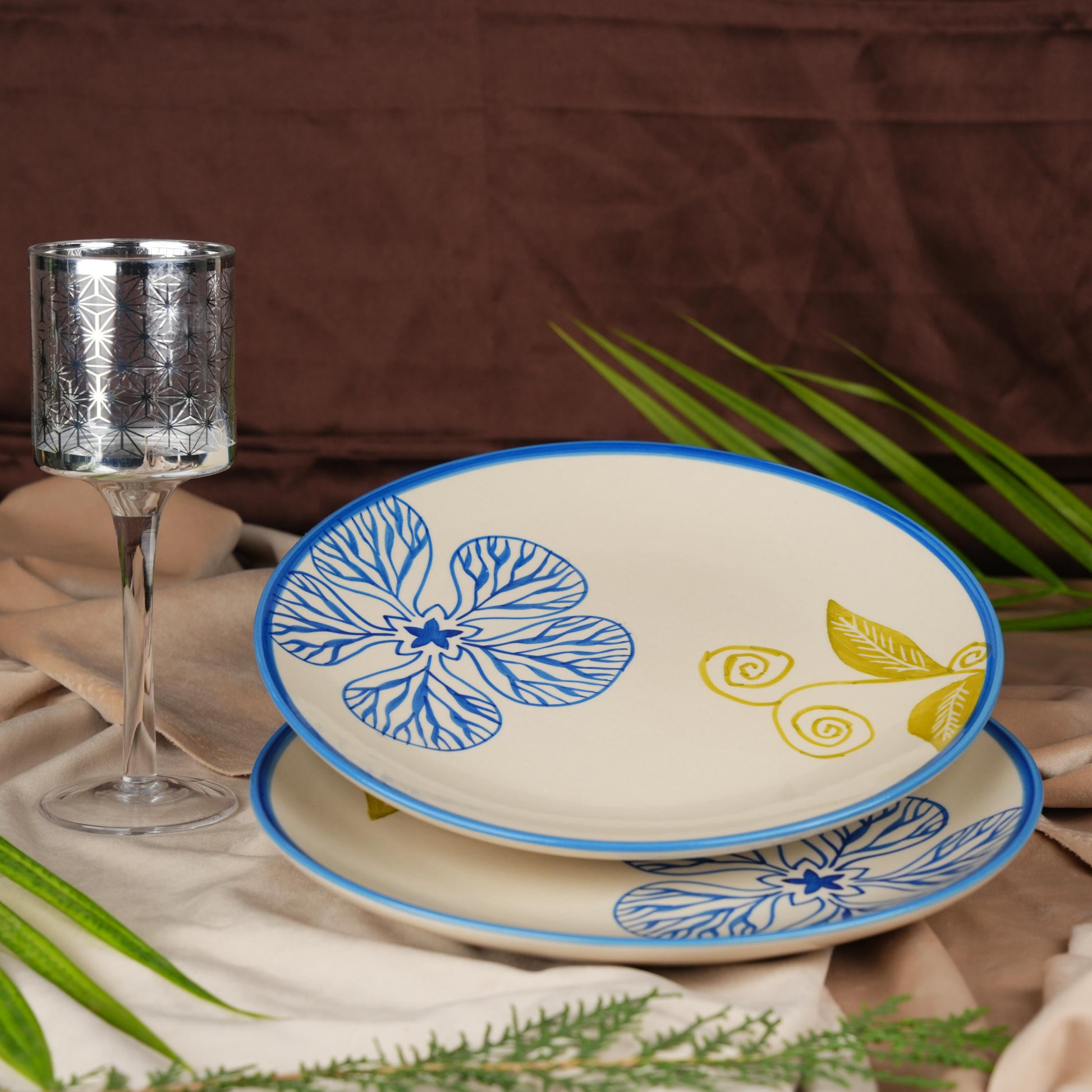 Caffeine Ceramic Handmade White Stoneware Flora Dinner Plate10" Set of 6  (Microwave & Dishwasher Safe) - Caffeine Premium Stoneware